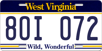 WV license plate 8OI072