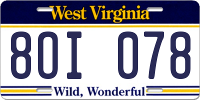 WV license plate 8OI078
