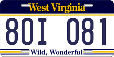 WV license plate 8OI081
