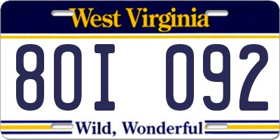 WV license plate 8OI092