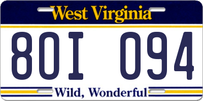 WV license plate 8OI094