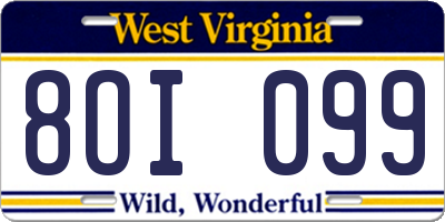 WV license plate 8OI099