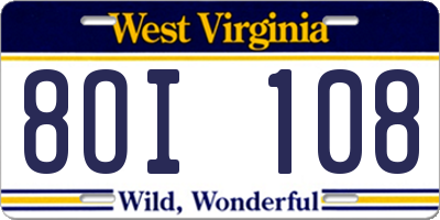 WV license plate 8OI108