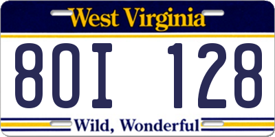 WV license plate 8OI128