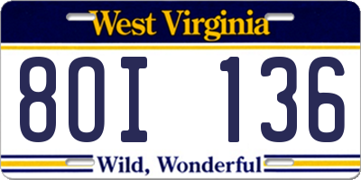 WV license plate 8OI136