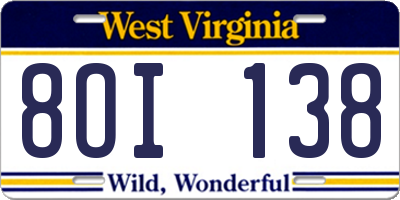 WV license plate 8OI138
