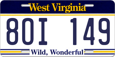 WV license plate 8OI149