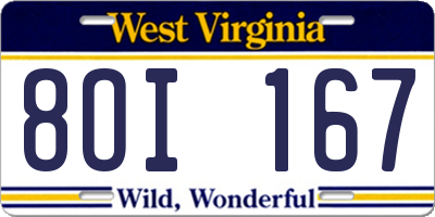 WV license plate 8OI167