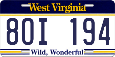 WV license plate 8OI194