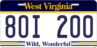 WV license plate 8OI200