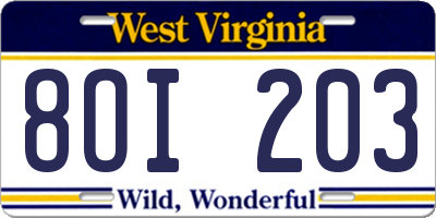 WV license plate 8OI203