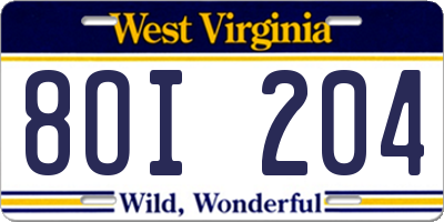WV license plate 8OI204