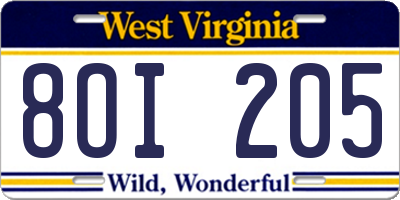 WV license plate 8OI205