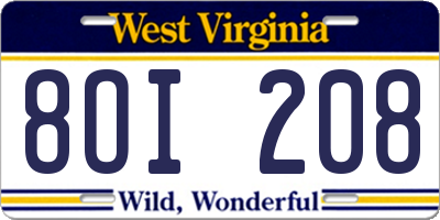WV license plate 8OI208