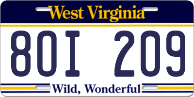 WV license plate 8OI209