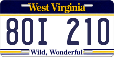 WV license plate 8OI210