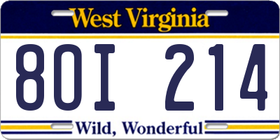 WV license plate 8OI214