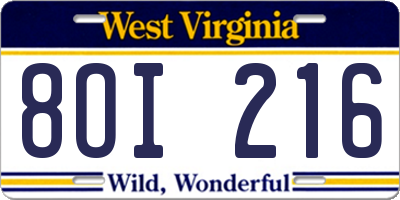 WV license plate 8OI216