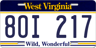 WV license plate 8OI217