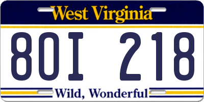 WV license plate 8OI218