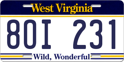 WV license plate 8OI231
