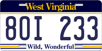 WV license plate 8OI233