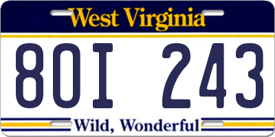 WV license plate 8OI243