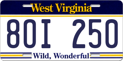WV license plate 8OI250