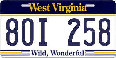 WV license plate 8OI258