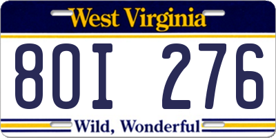 WV license plate 8OI276