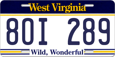 WV license plate 8OI289