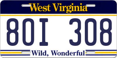 WV license plate 8OI308