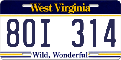 WV license plate 8OI314