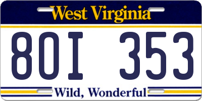 WV license plate 8OI353