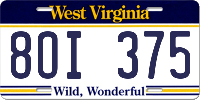 WV license plate 8OI375