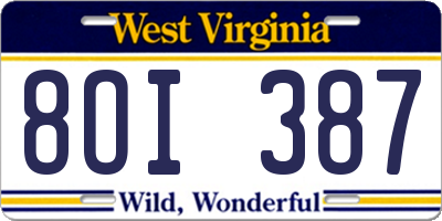WV license plate 8OI387