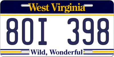 WV license plate 8OI398