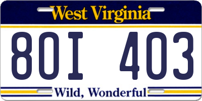 WV license plate 8OI403