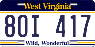 WV license plate 8OI417