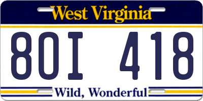 WV license plate 8OI418