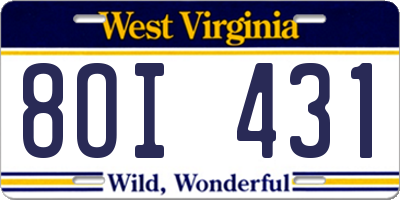 WV license plate 8OI431