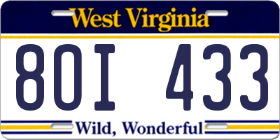 WV license plate 8OI433