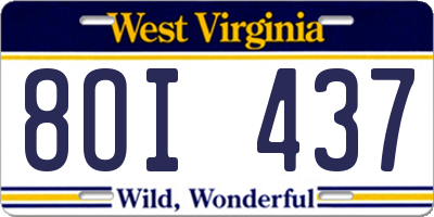 WV license plate 8OI437
