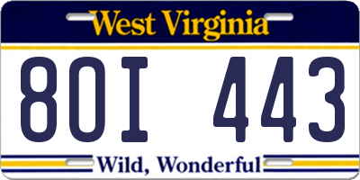 WV license plate 8OI443