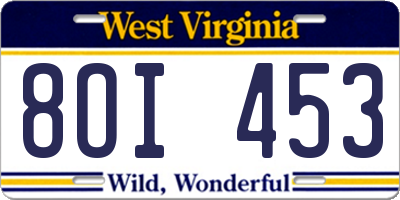 WV license plate 8OI453