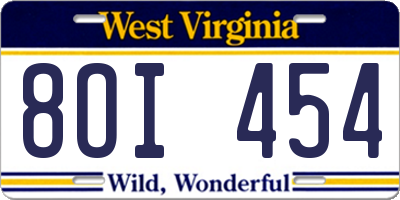 WV license plate 8OI454