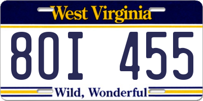 WV license plate 8OI455