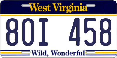 WV license plate 8OI458