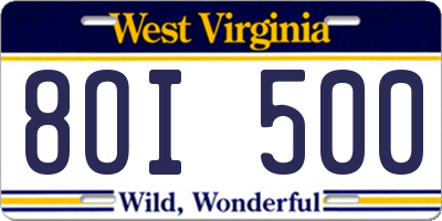 WV license plate 8OI500