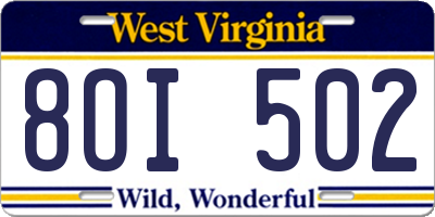 WV license plate 8OI502
